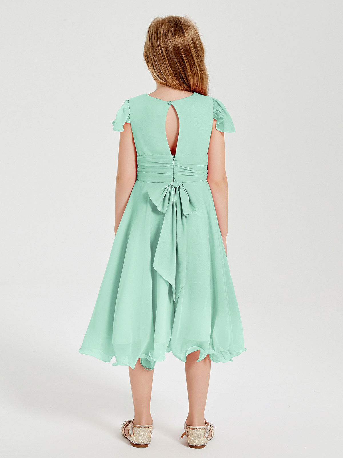 Chiffon Tea Length Junior Bridesmaid Dresses Mint Green